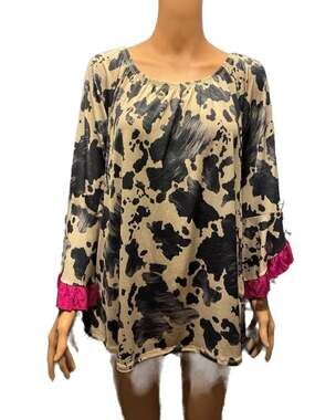 Hesed Cow Print Ruffle Sleeve Tunic Top Size L
